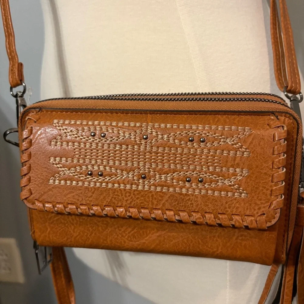 Sam & Hadley Cognac Brown‎ Vegan Leather Embroidered Beaded Crossbody Bag